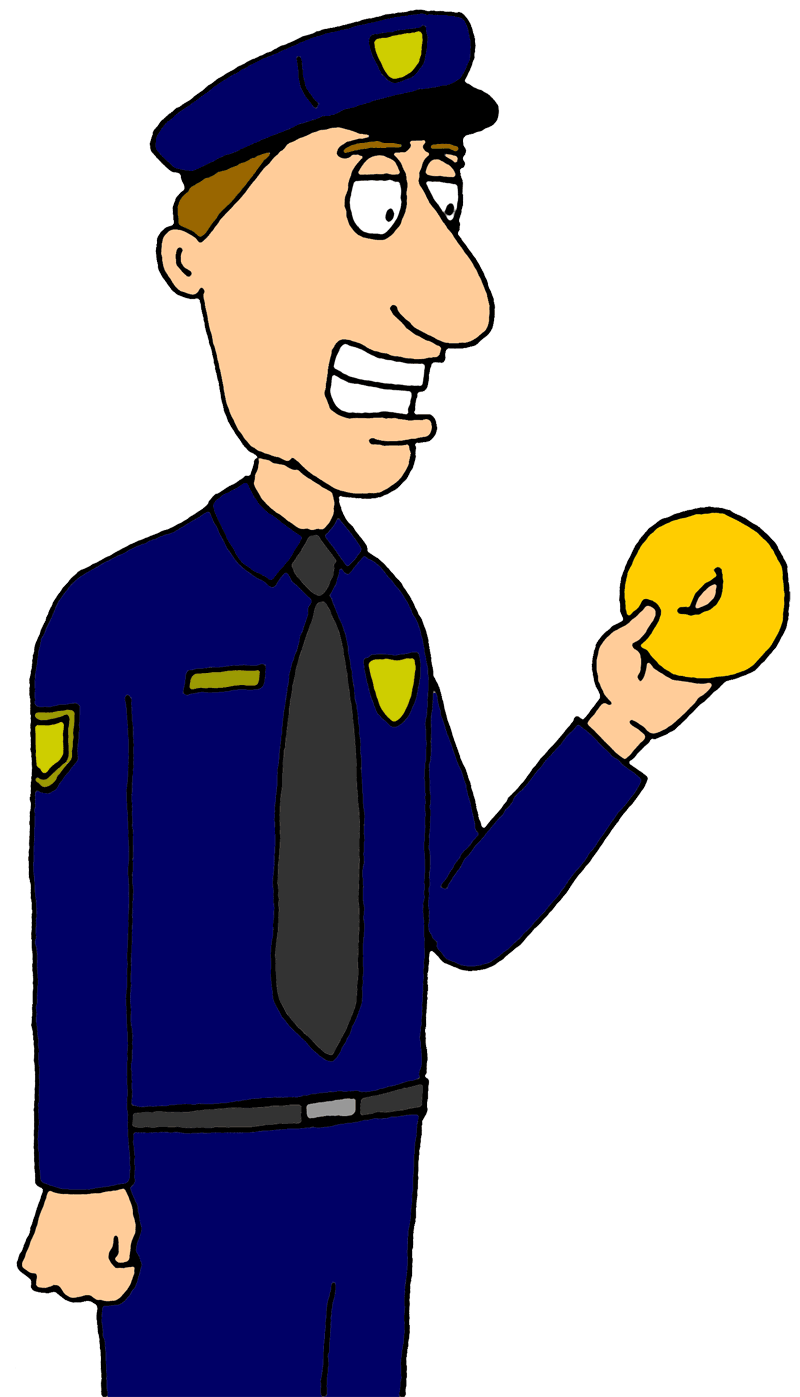 Cartoon police officer in blue uniform smiling while holding a yellow donut.