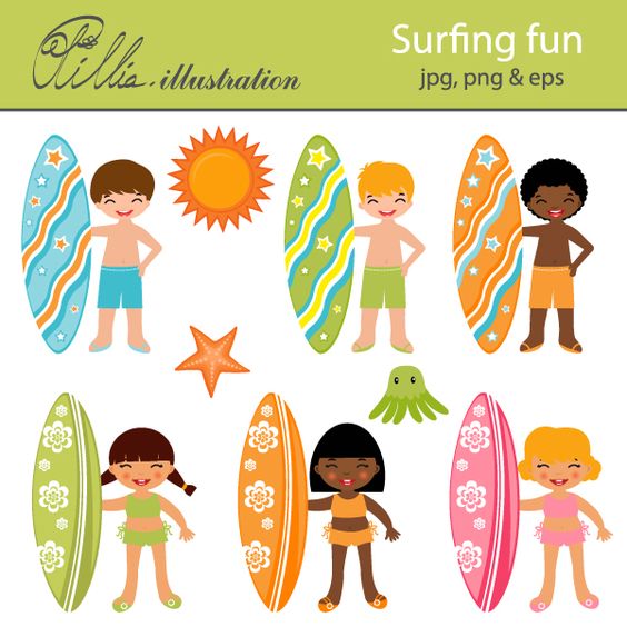 Surfing Fun Clipart - Diverse Kids with Surfboards for Summer Design