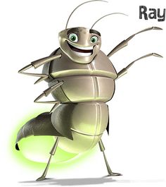 Ray the glowing firefly character from A Bug’s Life, smiling with green eyes and a bright light under his abdomen.