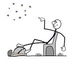 Stick figure relaxing in chair, pointing at colorful stars in the sky above.