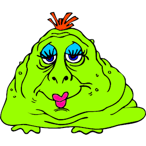 A cartoonish green slime monster with blue eyes, pink lips, and a red tuft of hair, looking tired or bored.