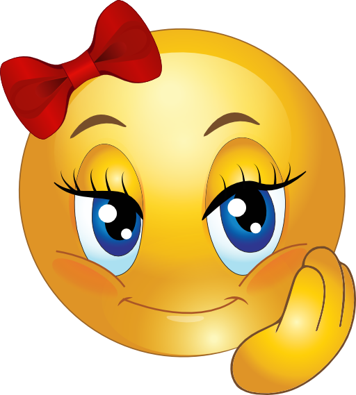 Yellow emoji face with blue eyes, red bow, and hand on chin, expressing thoughtful charm.