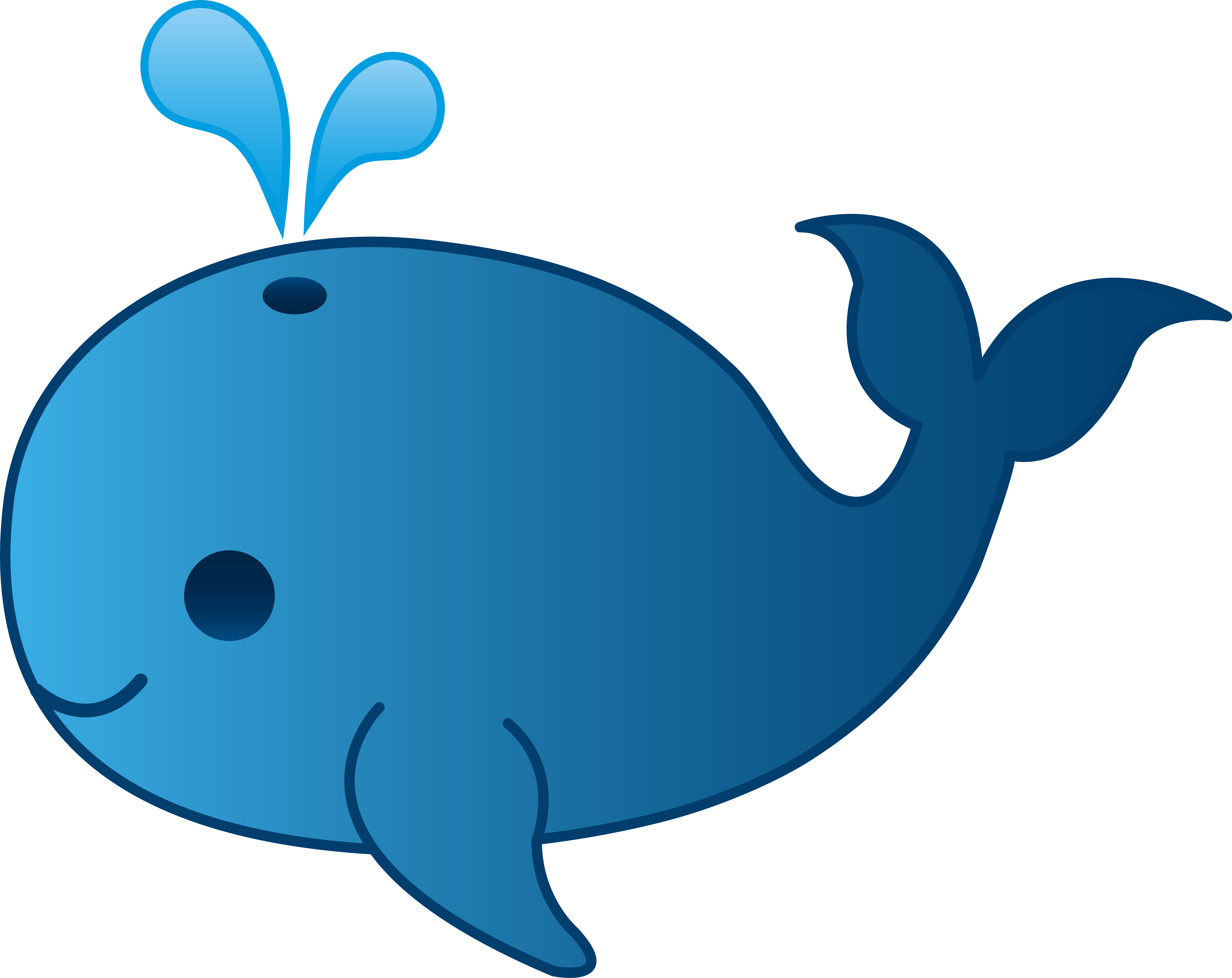 Friendly cartoon blue whale with smiling face, blowhole spouts, and flippers, isolated on black background.