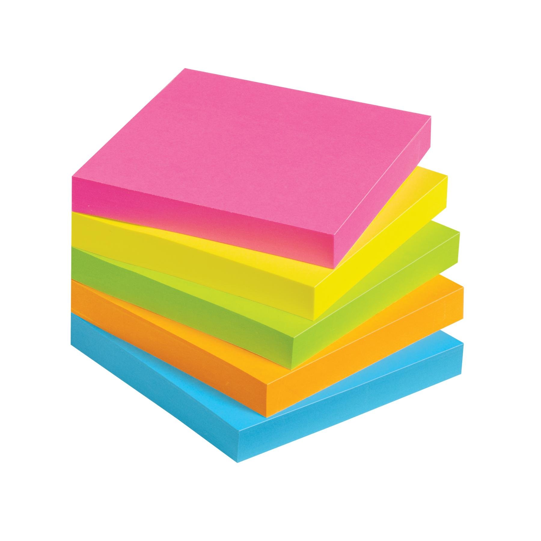 Stack of five vibrant sticky note pads in pink, yellow, green, orange, and blue on white background.