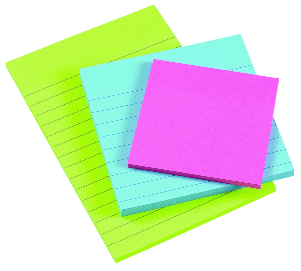Stack of colorful lined notepads in lime green, teal, and magenta on white background.