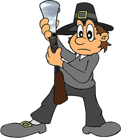 Cartoon pilgrim boy holding a musket with a concerned expression, wearing traditional Thanksgiving attire.