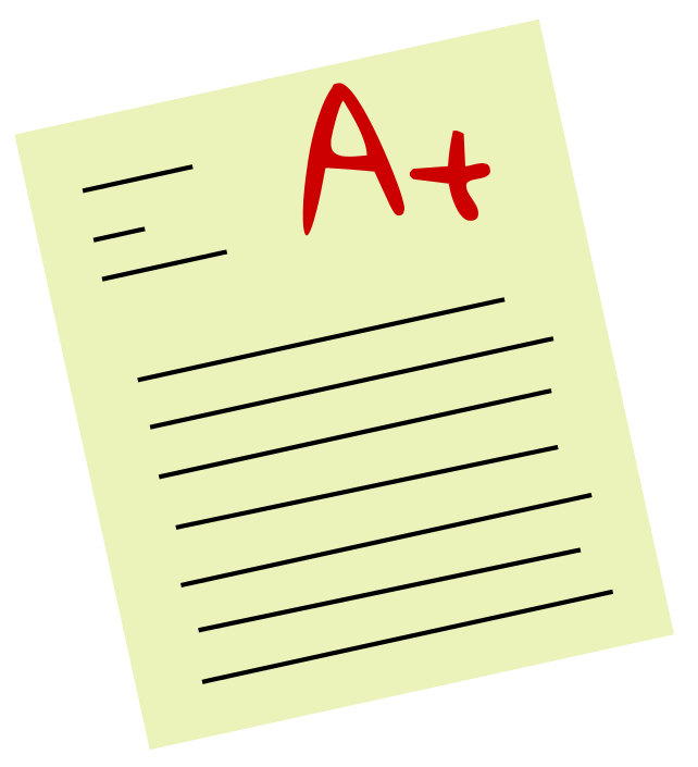 Yellow paper with handwritten red "A+" grade at top right, lined text area below, tilted on black background.