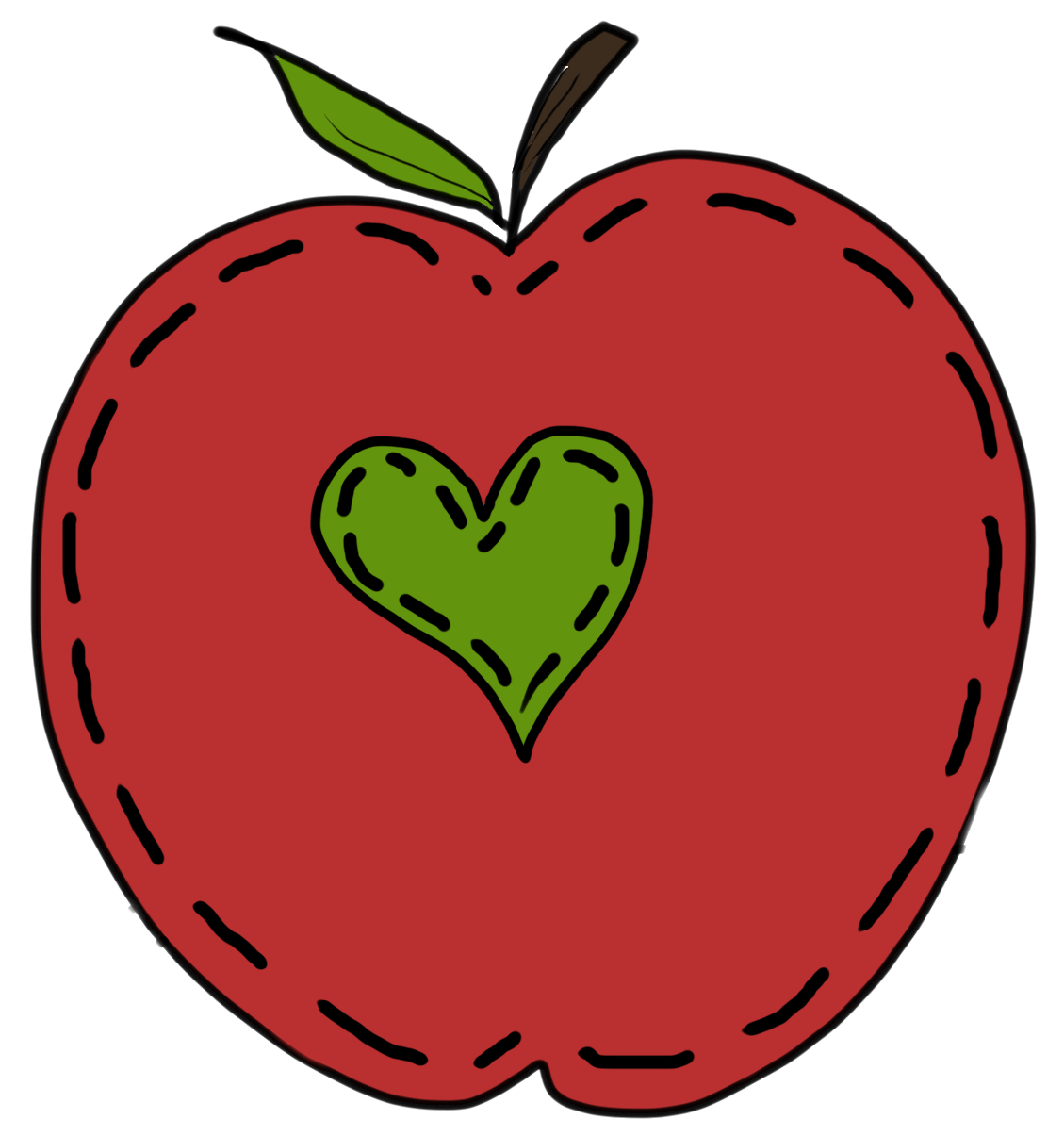 Red apple with stitched outline and green heart-shaped core, symbolizing love and health.