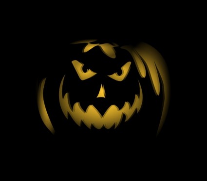 Glowing jack-o'-lantern with menacing eyes and jagged grin against black background.