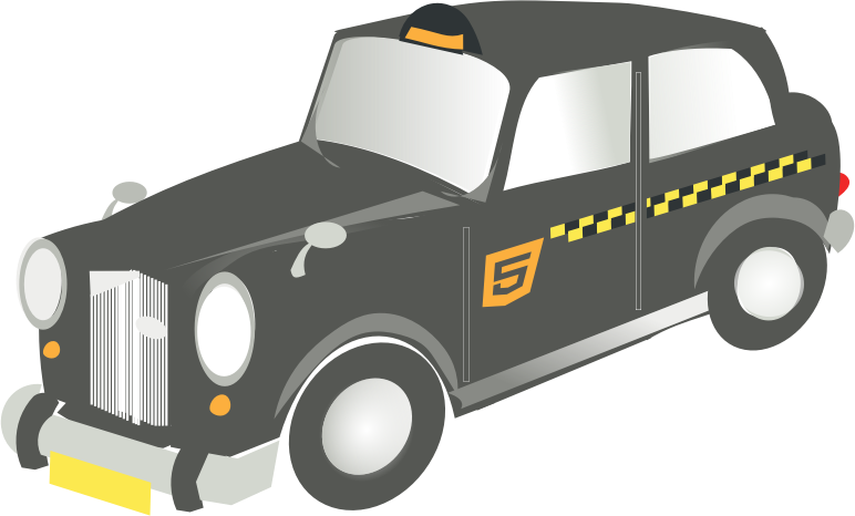 Classic black London taxi with yellow checkered stripe and orange "5" badge, vintage design on transparent background.