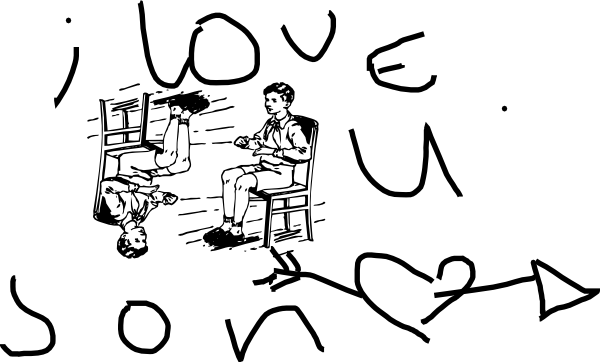 Hand-drawn sketch of two people sitting, one upside-down in a chair, with "I love you" and heart-arrow doodles surrounding them.