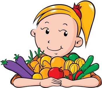 Smiling cartoon girl with blonde ponytail holding a colorful pile of fresh fruits and vegetables.