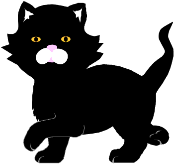 Black cartoon cat with yellow eyes, pink nose, and white muzzle walking playfully.