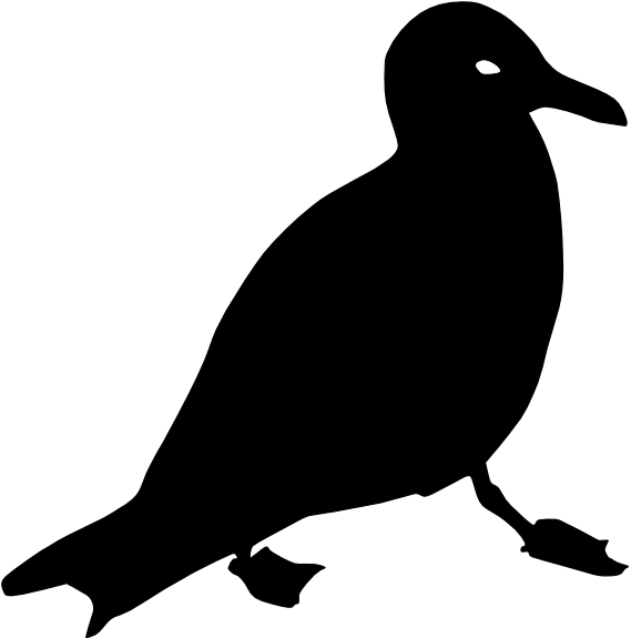 Black silhouette of a walking bird with white eye and beak detail on white background.