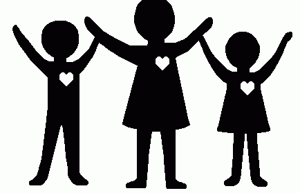 Silhouette of three joyful figures-two children and one adult-holding hands with heart symbols on their chests, symbolizing family love and unity.