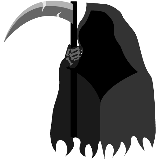 Grim Reaper holding a scythe, stylized silhouette in grayscale against black background.
