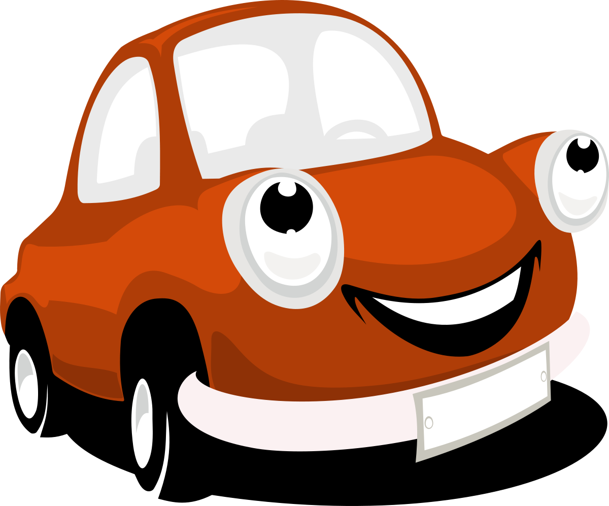 Cheerful orange cartoon car with big eyes and a wide smile, isolated on black background.