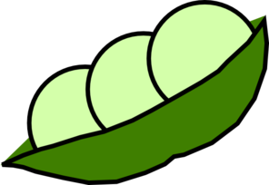 A cartoon-style green pea pod open to reveal three round, light-green peas inside.