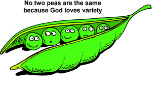 A cartoon of five smiling peas in a green pod, each with unique facial expressions, under the text "No two peas are the same because God loves variety."
