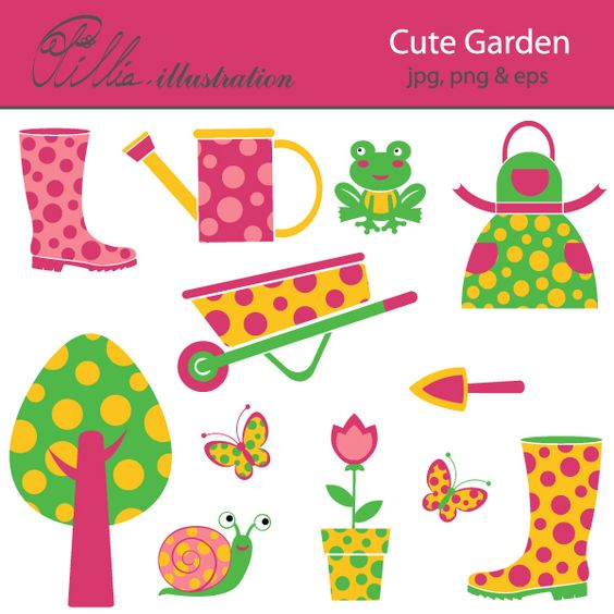 Colorful polka-dotted garden clipart set including boots, watering can, frog, apron, wheelbarrow, tree, snail, flowers, and butterflies.