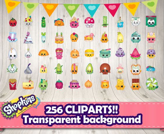 Collection of 256 Shopkins character clipart icons on wooden background with banner and branding text.
