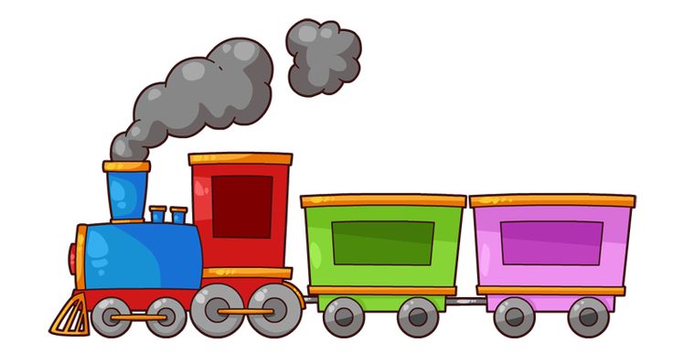 Colorful cartoon steam train with blue engine, red cab, green and purple cargo cars, and gray smoke puffing from the chimney.