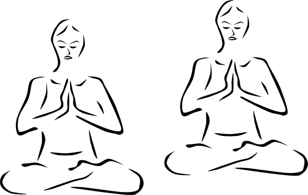 Two individuals meditating in lotus pose with hands in prayer position, minimalist line art illustration.