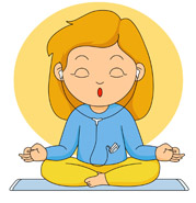 A woman with blonde hair meditates in lotus position on a yoga mat, eyes closed and hands in mudra gesture, against a soft yellow background.