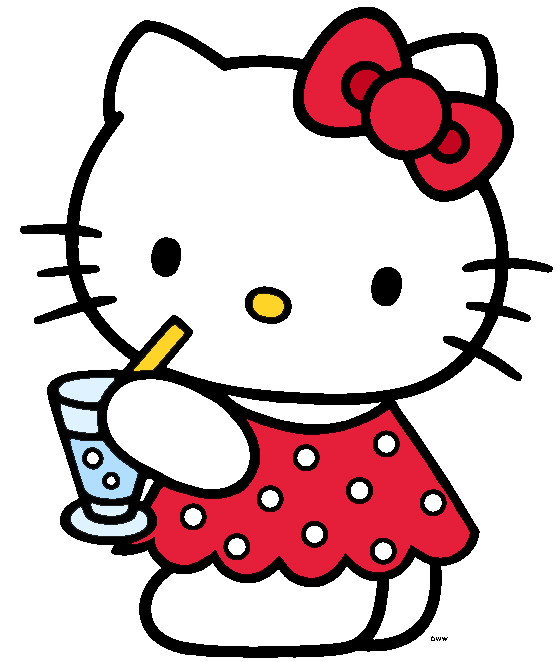 Hello Kitty sipping a drink with a straw, wearing a red polka-dot dress and iconic red bow.