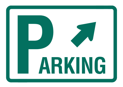Green parking sign with upward-right arrow indicating direction to parking area.