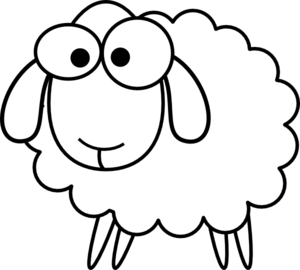 Friendly cartoon sheep with large eyes and fluffy wool on black background