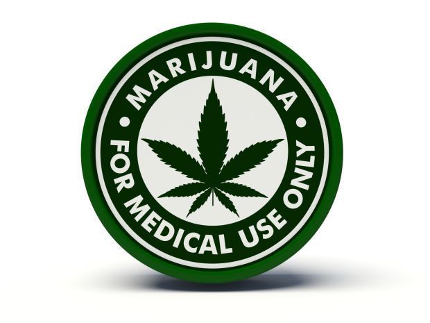 Green circular seal with cannabis leaf and text "Marijuana for Medical Use Only"