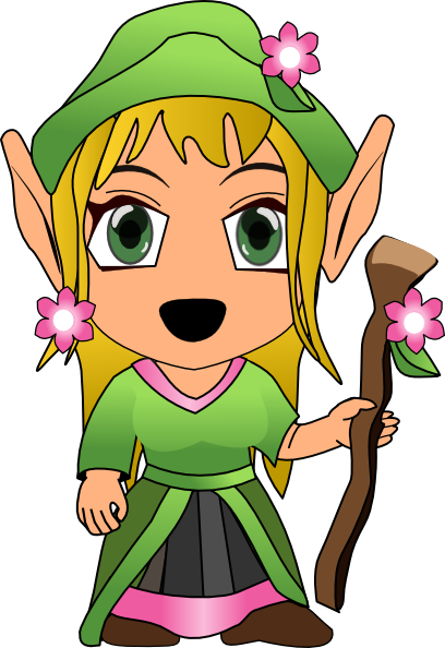 Chibi-style elf girl with green hat, pink flowers, and wooden staff, smiling cheerfully.