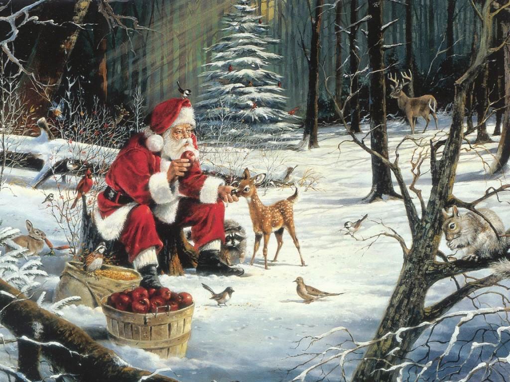 Santa Claus in a snowy forest shares apples with a fawn, birds, rabbits, and a squirrel while a deer watches nearby.