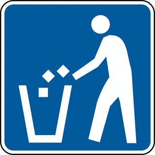 Blue sign showing a white figure dropping trash into a bin, indicating proper waste disposal.
