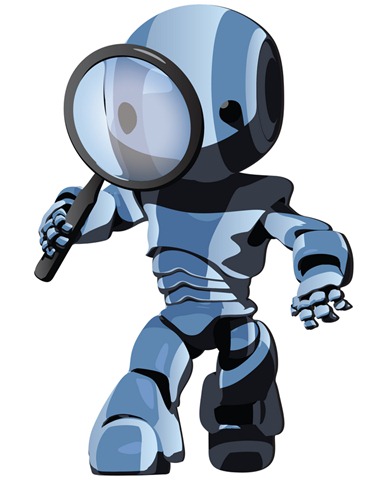 Blue robot holding a magnifying glass, symbolizing AI-powered search or data analysis.