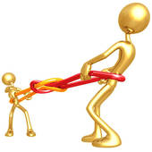 Golden 3D figures pulling a red rope in a tug-of-war, symbolizing teamwork or conflict resolution.