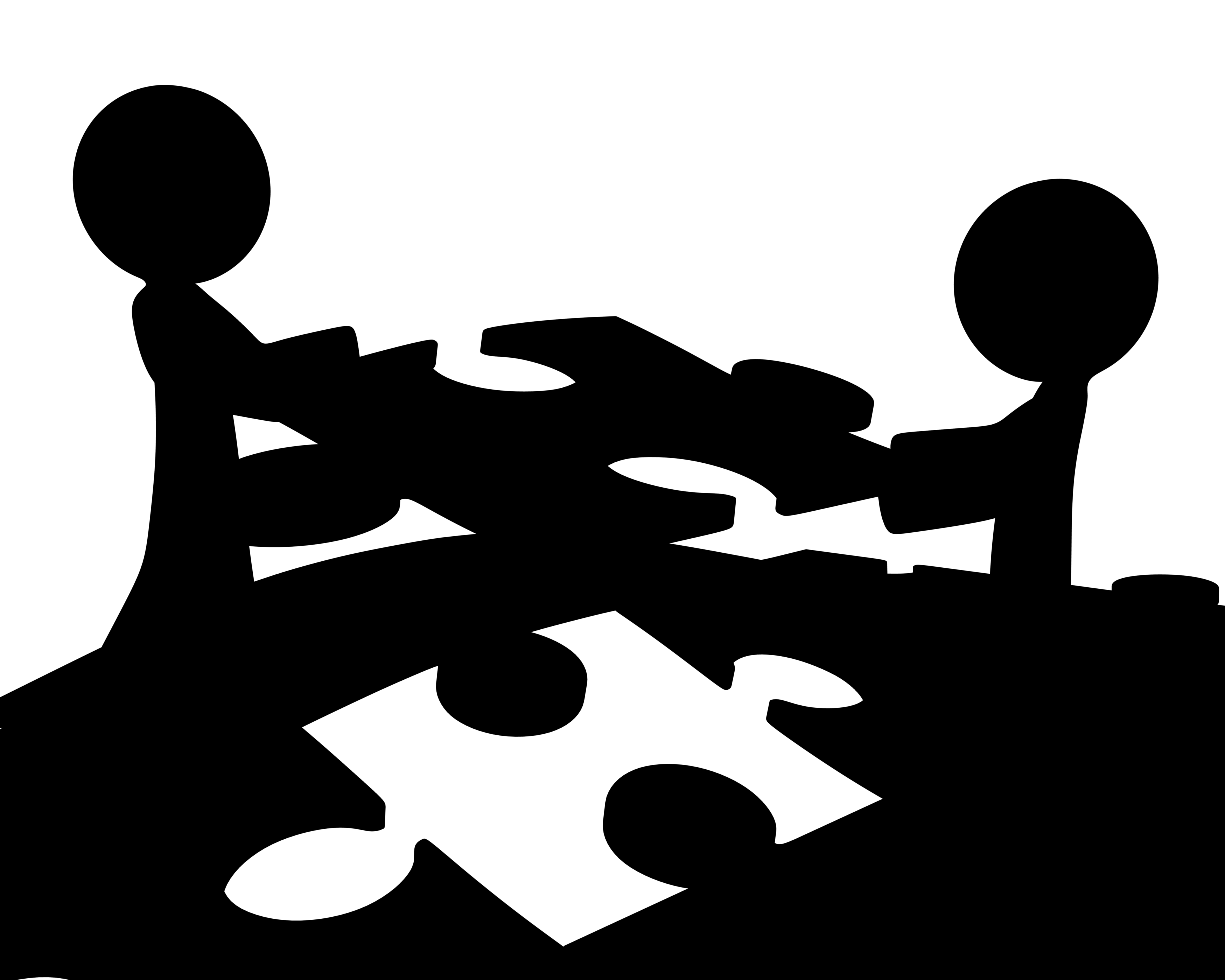Two stylized figures collaboratively assembling interlocking puzzle pieces on a table.