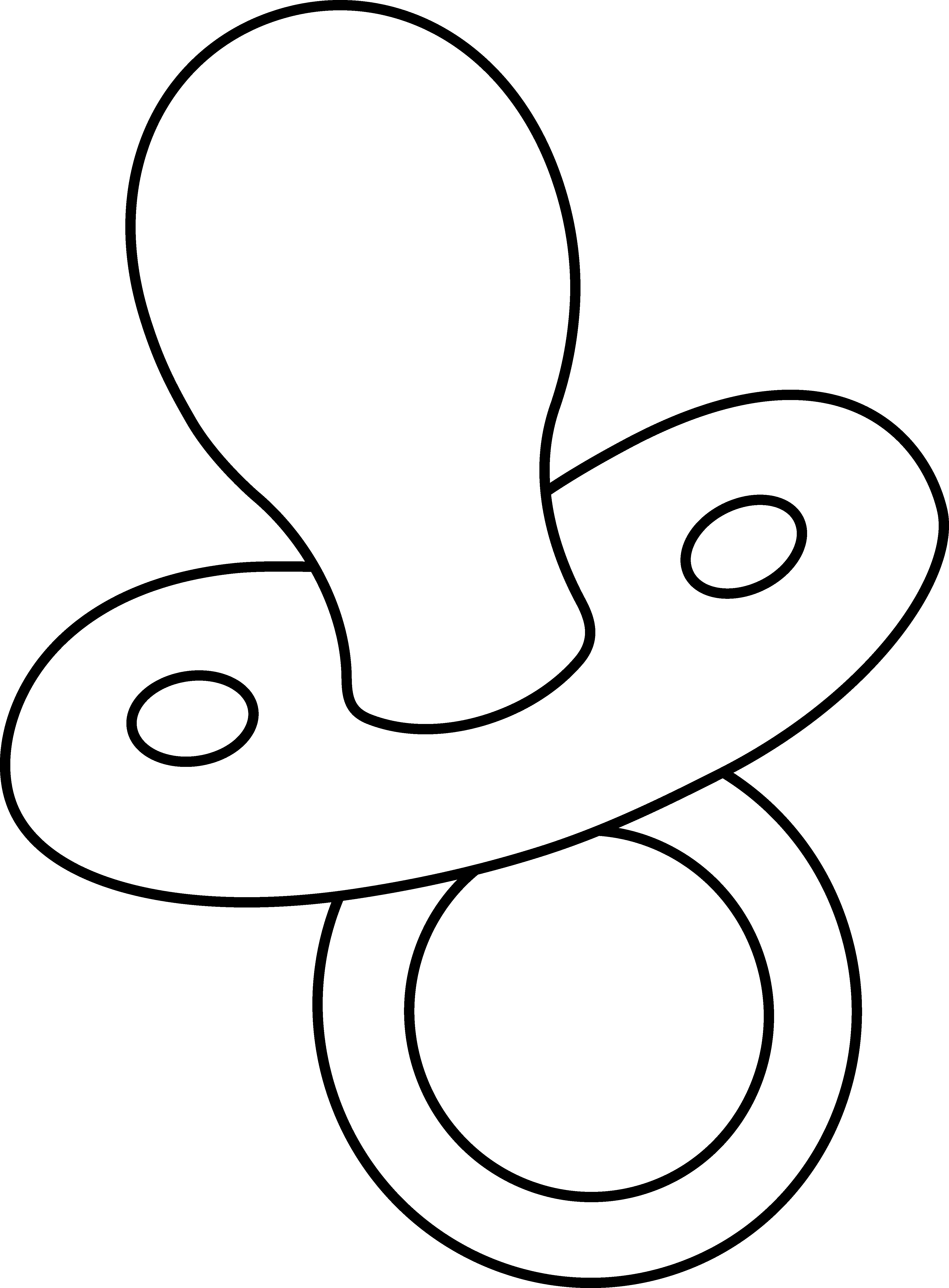 Abstract black line art of a flowing, organic shape with two small ovals and a larger spiral, on white background.
