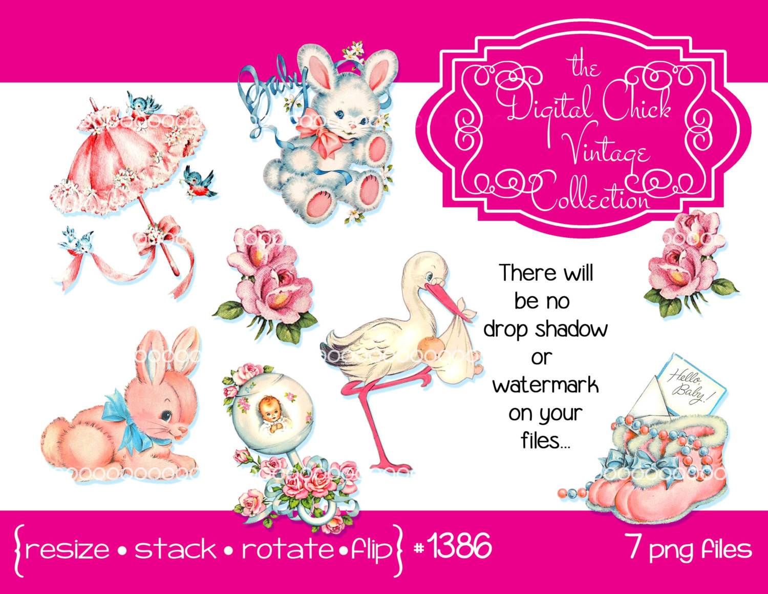 Vintage baby-themed clipart set featuring bunnies, stork, roses, bonnet, and booties in soft pastels.
