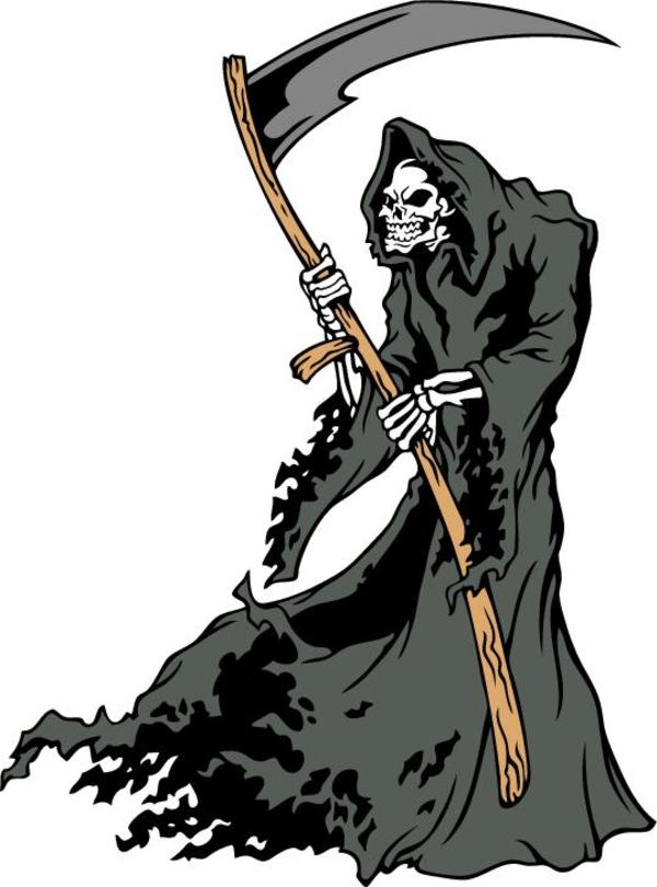Grim Reaper in tattered black robe holding a scythe, skeletal face visible beneath hood.