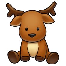 Cute cartoon deer sitting with big eyes and small antlers, brown fur and cream belly.