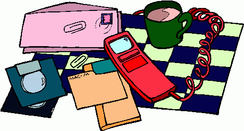 A colorful cartoon illustration of a cluttered desk with a red phone, green mug, pink wallet, floppy disks, and papers on a checkered mat.