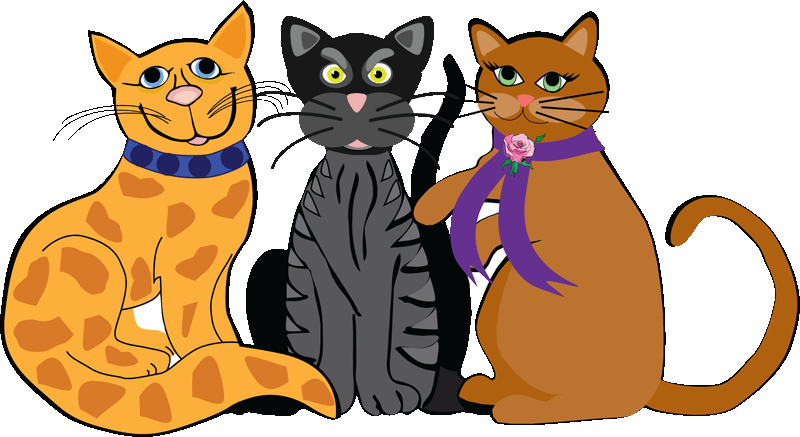 Three illustrated cats-orange spotted, black striped, and brown with a purple scarf-sitting together smiling.
