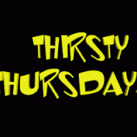 Bright yellow stylized text reading "THIRSTY THURSDAY" on a black background.