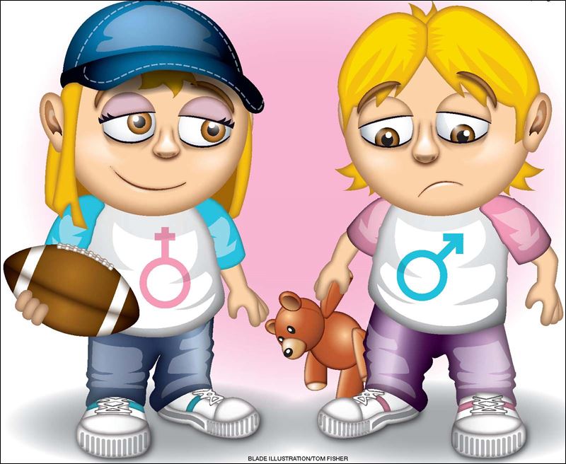 Two cartoon children-one holding a football with a female symbol, the other holding a teddy bear with a male symbol-illustrating gender stereotypes.