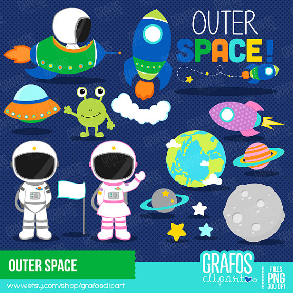 Colorful cartoon outer space clipart set featuring astronauts, rockets, aliens, planets, UFOs, and stars on a starry blue background.