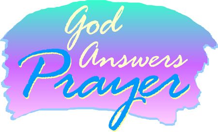 "God Answers Prayer" text in cursive script over a soft gradient cloud background of teal, purple, and pink hues.