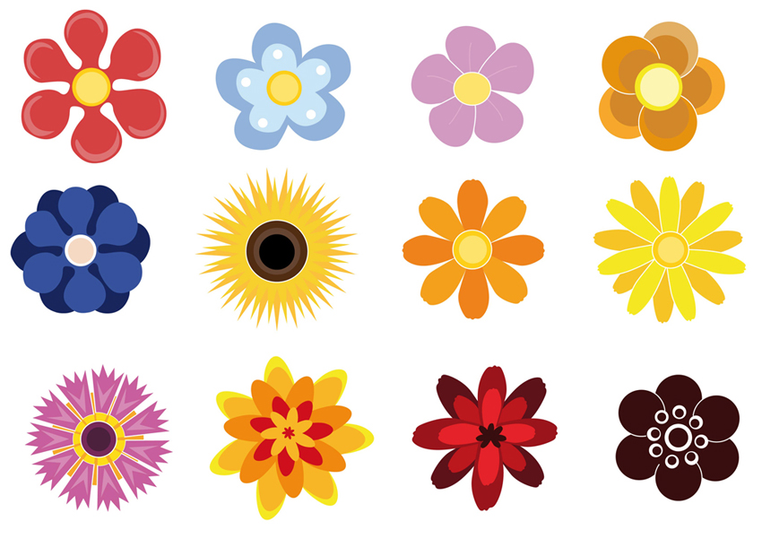 Collection of twelve colorful stylized floral icons in flat design, including red, blue, purple, yellow, orange, and brown flowers.