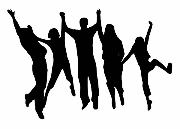 Five joyful people jumping in celebration, silhouetted against a white background.
